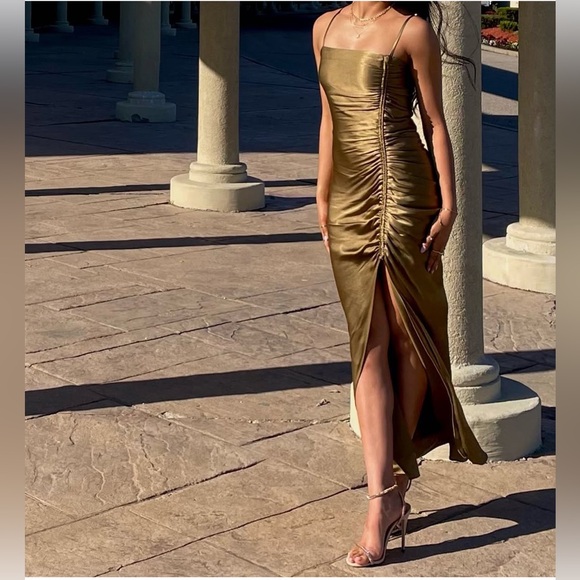 Shona Joy SIZE 2 Thalia Bias Ruched Midi Dress in Cumin - Picture 2 of 8